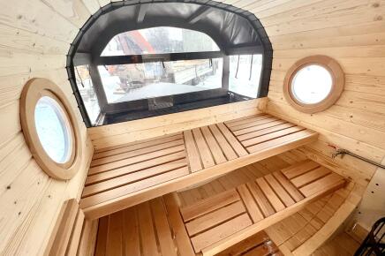 Баня Корабль 2,4*6,8 м, две комнаты, с террасой и полупанорамой