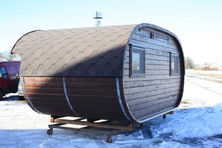 Баня овальная с панорамным куполом 3*5 м, с купелью и террасой