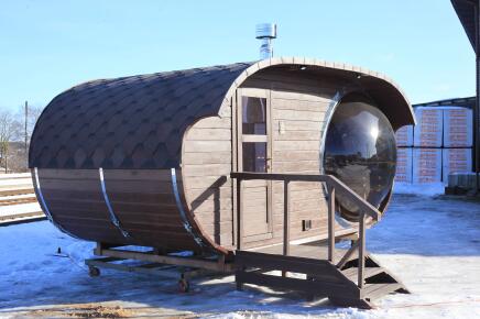 Баня овальная с панорамным куполом 3*5 м, с купелью и террасой