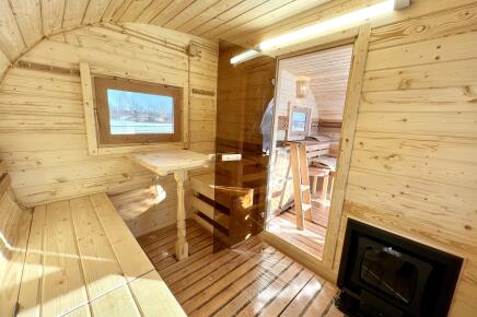 Баня овальная с панорамным куполом 3*5 м, с купелью и террасой