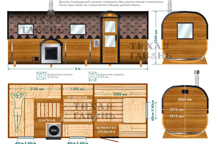 Квадро баня 6 м с козырьком, 3 комнаты, боковой вход, фото 2