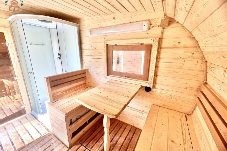 Баня овальная с панорамным куполом 2,4*6 м коричн., две комнаты, с душевой, фото 16