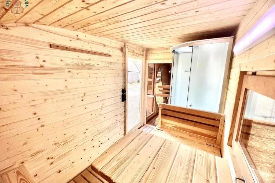 Баня овальная с панорамным куполом 2,4*6 м коричн., две комнаты, с душевой, фото 18