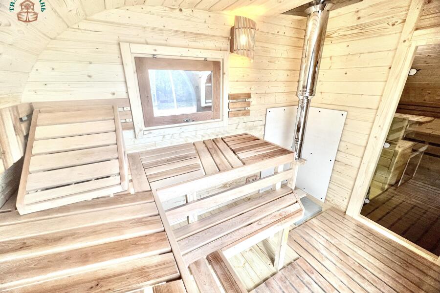 Баня овальная с панорамным куполом 2,4*6 м коричн., две комнаты, с душевой, фото 20