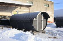 Баня-бочка 6 м с козырьком, 3 комнаты