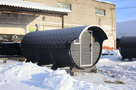 Баня-бочка 6 м с козырьком, 3 комнаты