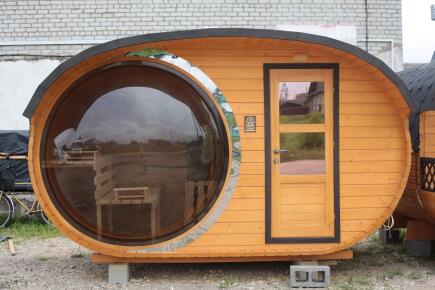 Баня овальная с панорамным куполом 2,4*4 м, две комнаты