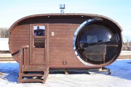 Баня овальная с панорамным куполом 3*5 м, с купелью и террасой