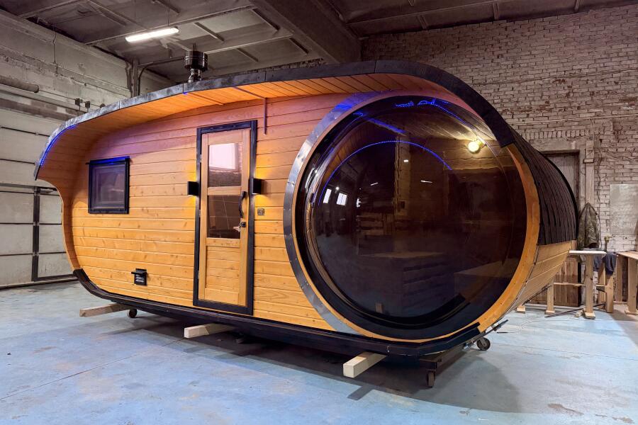 Баня овальная 3*6 метра с панорамным куполом и душевой , фото 1