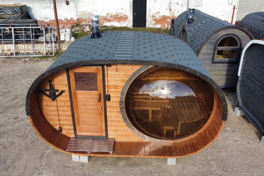 Баня овальная с панорамным куполом 2,4*4 м, две комнаты, фото 1